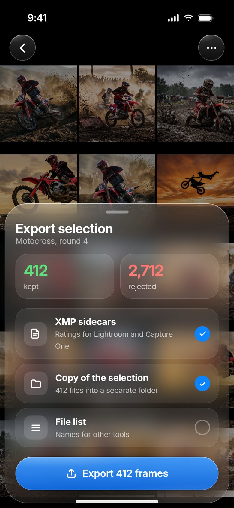 Exporting the selection as XMP and a folder