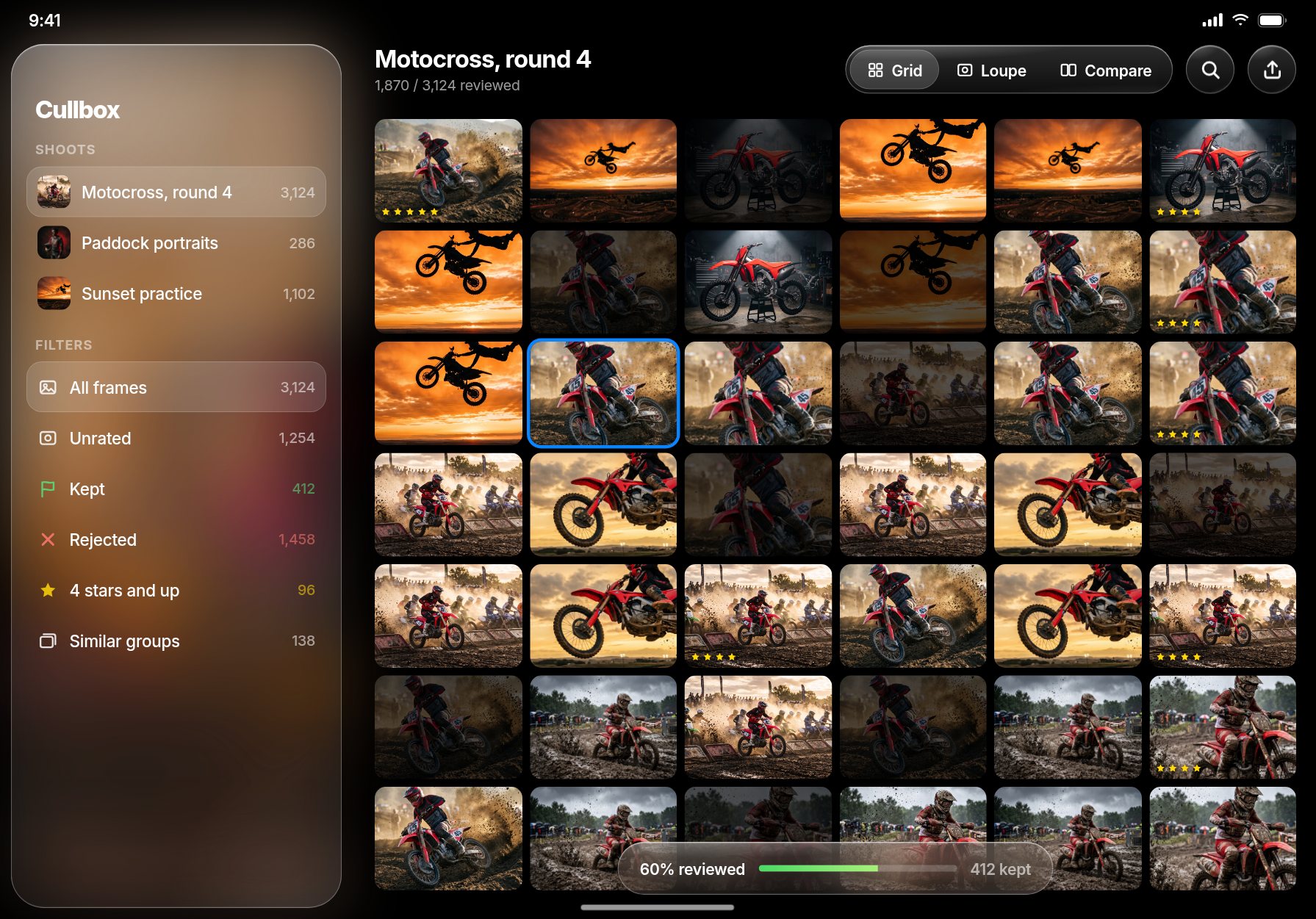 Cullbox on iPad: shoot grid with filters and ratings