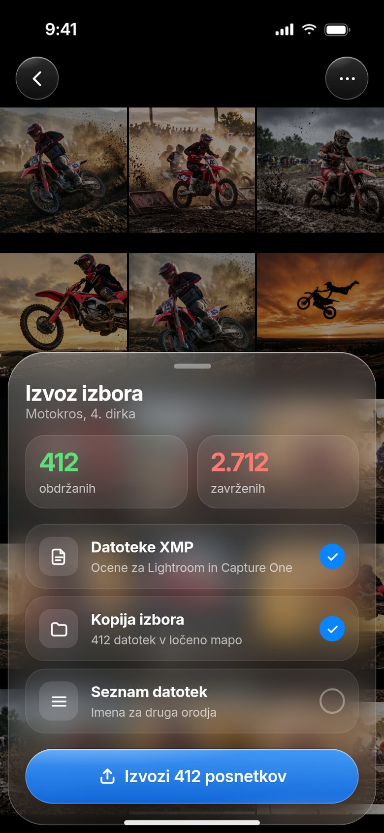 Izvoz izbora v XMP in mapo