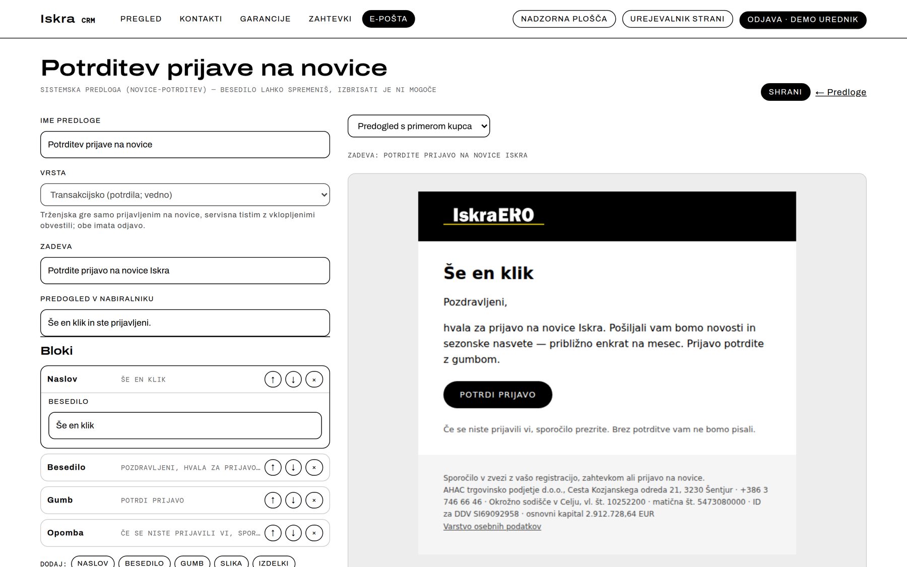 Urejevalnik e-poštne predloge