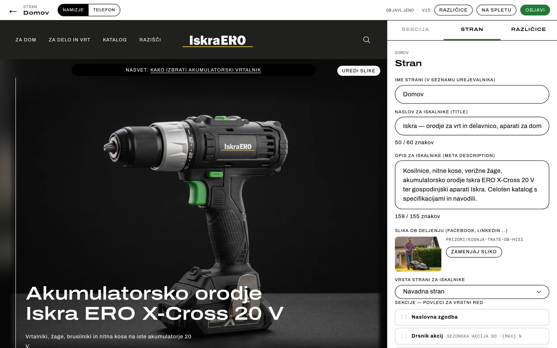 Urejevalnik strani s predogledom in predalom