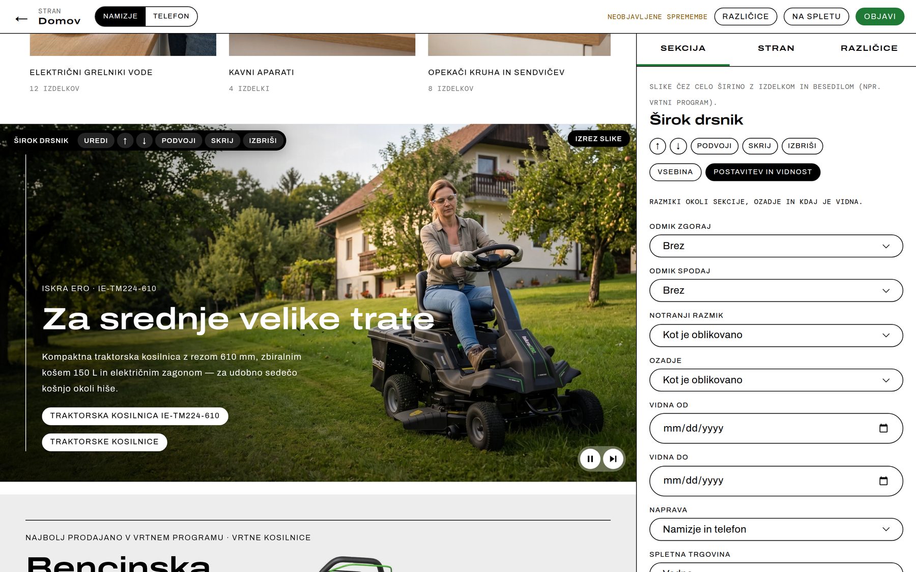 Postavitev in vidnost sekcije
