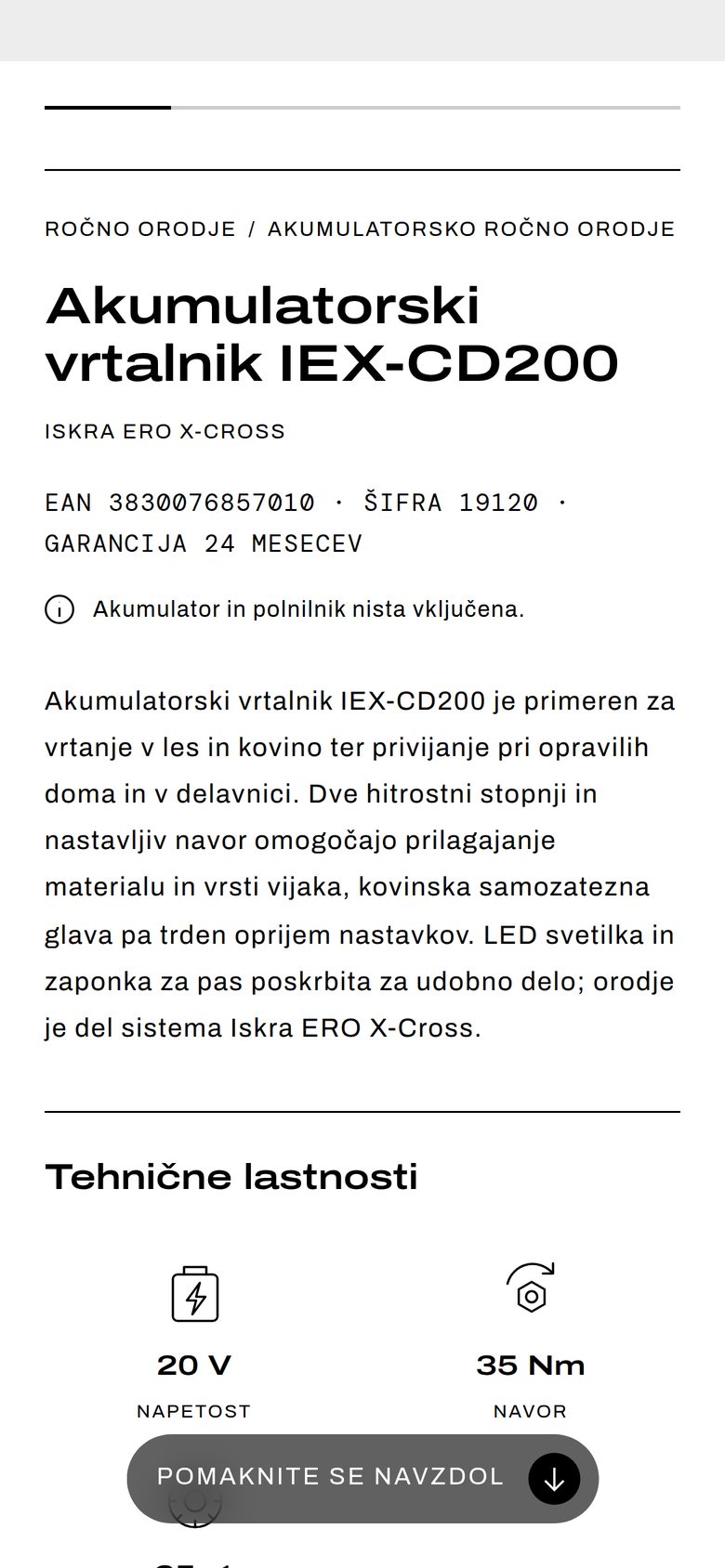 Stran izdelka na telefonu